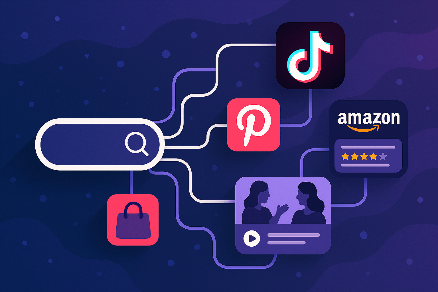 visual example of a search that leads to many different paths like Amazon, YouTube, Pinterest, TikTok, and shopping